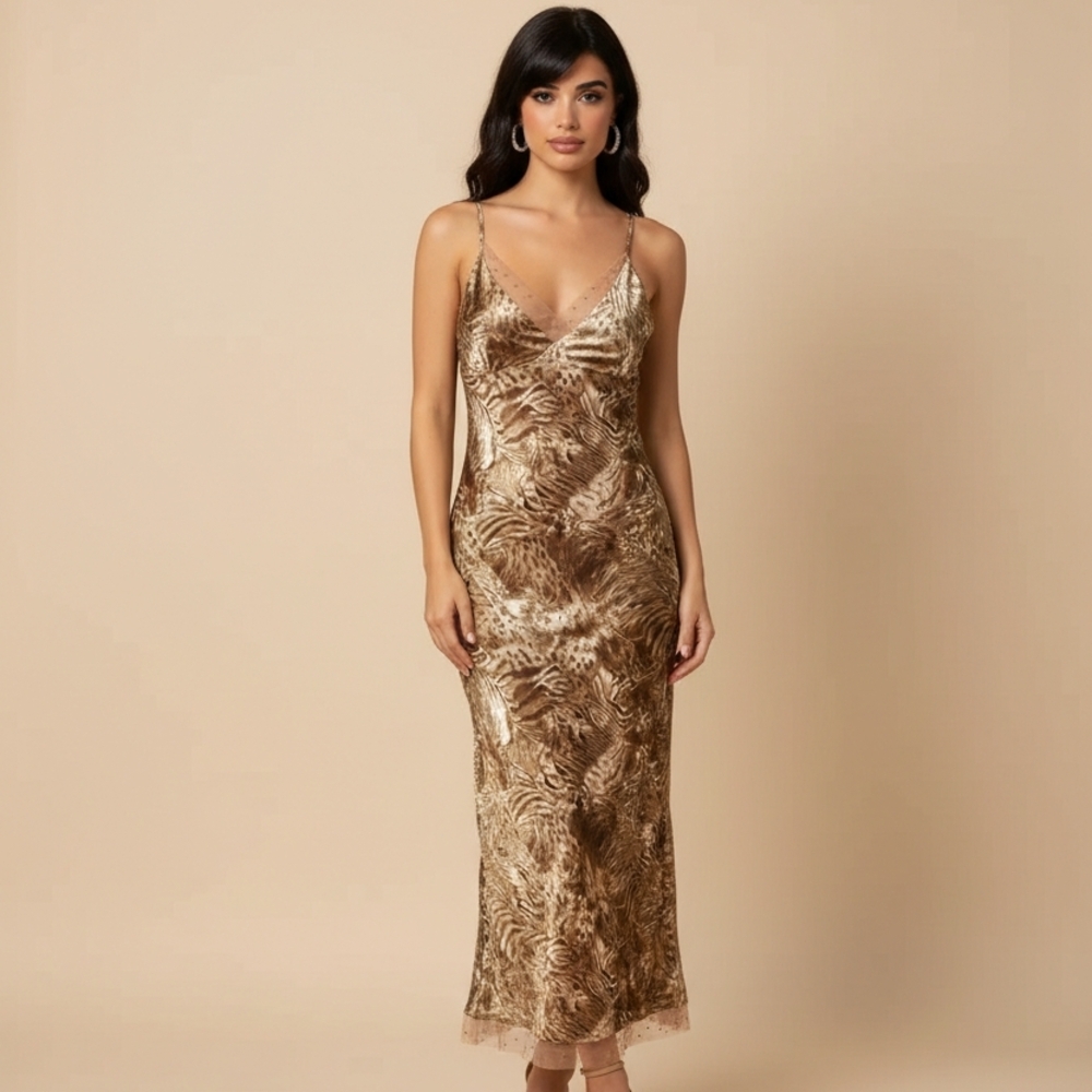 Sheer Vintage Like Brown Maxi Dress Size Large By Carbernet